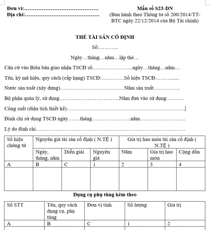 Mẫu thẻ tài sản cố định ( Ngoại tệ ) theo TT 200
