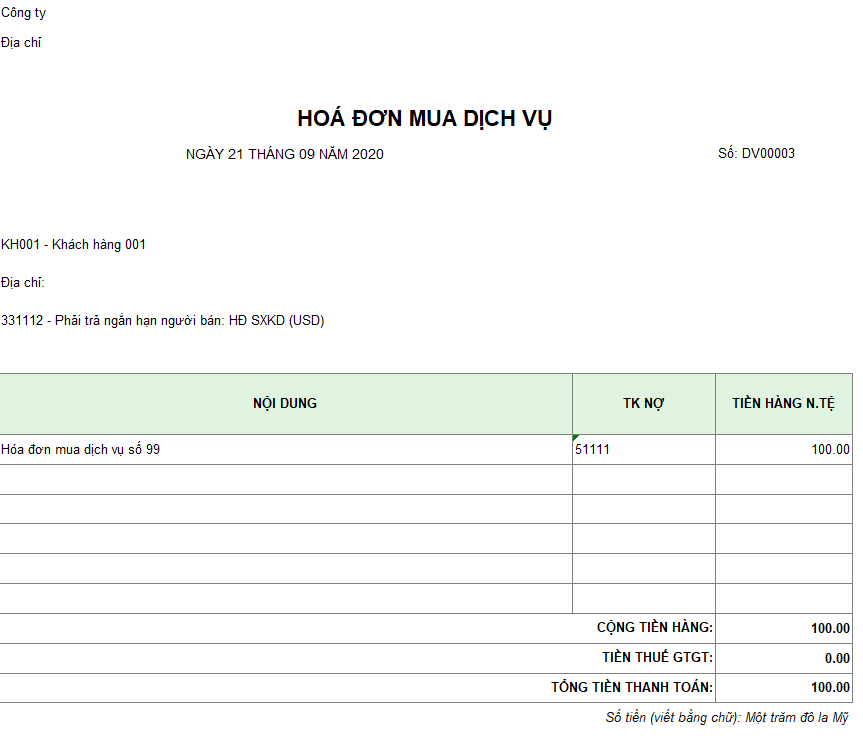 Mẫu hóa đơn mua dịch vụ ( Ngoại tệ )