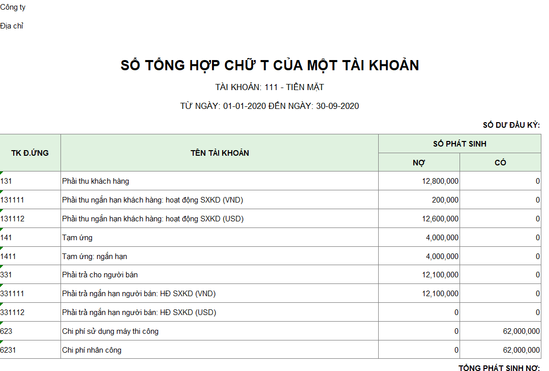 Mẫu sổ tổng hợp chữ T của một tài khoản
