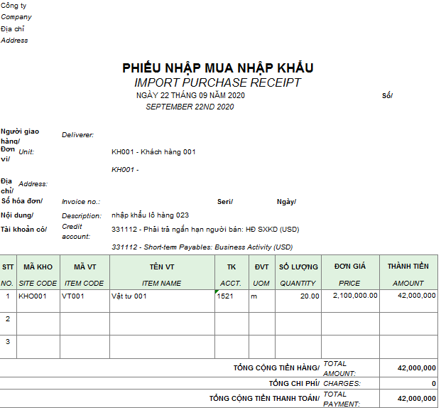 Mẫu phiếu nhập mua nhập khẩu ( Song ngữ )