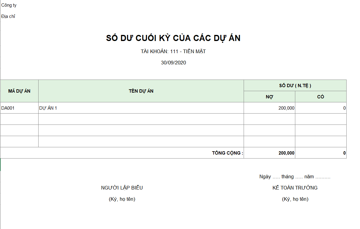 Mẫu số dư cuối kỳ của các dự án ( Ngoại tệ )