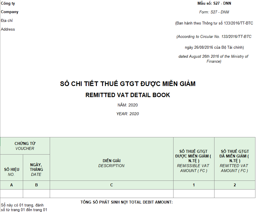 Mẫu sổ chi tiết thuế GTGT được miễn giảm ( Song ngữ - Ngoại tệ ) theo TT 133