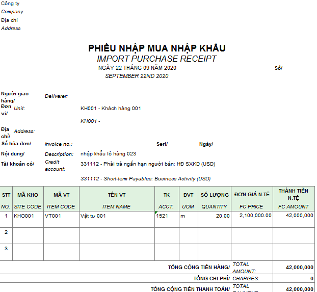Mẫu phiếu nhập mua nhập khẩu ( Song ngữ - Ngoại tệ )