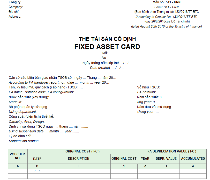 Mẫu thẻ tài sản cố định ( Song ngữ - Ngoại tệ ) theo TT 133