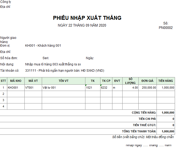 Mẫu phiếu nhập xuất thẳng