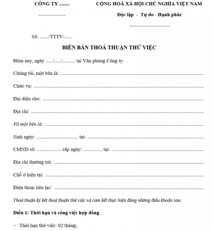 Mẫu biên bản thỏa thuận thử việc