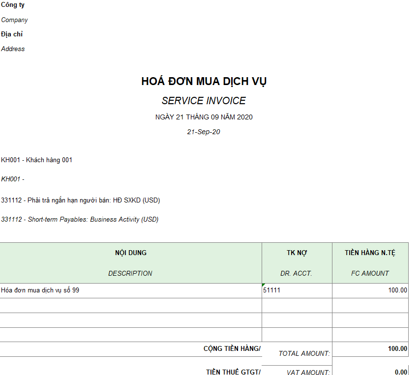 Mẫu hóa đơn mua dịch vụ ( Song ngữ - Ngoại tệ )