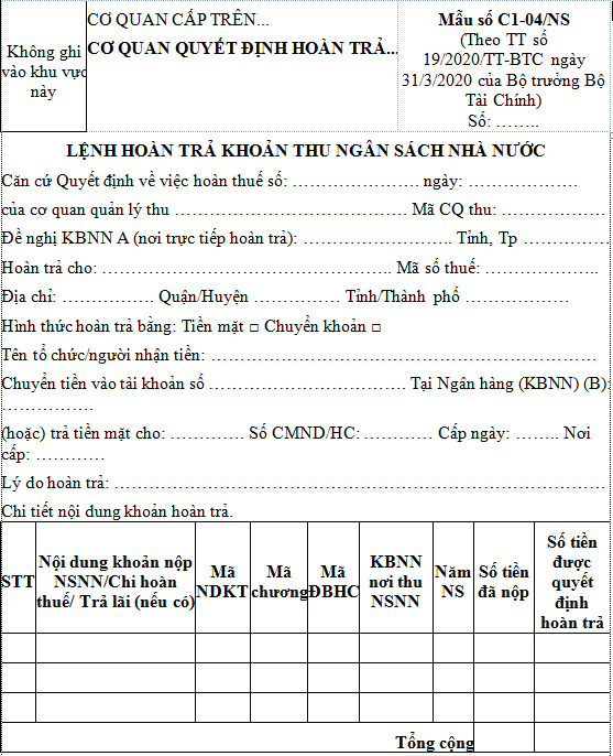 Mẫu C1-04/NS: Lệnh hoàn trả khoản thu ngân sách Nhà nước