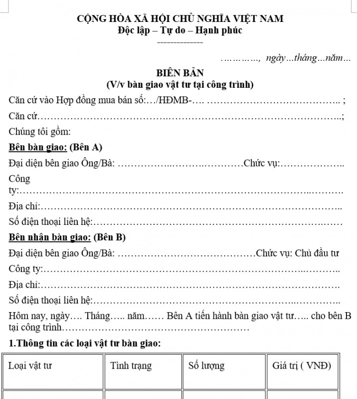 Mẫu biên bản bàn giao vật tư tại công trình