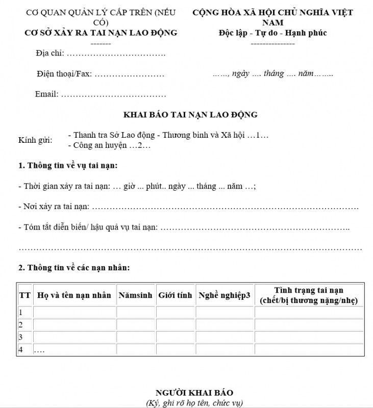 Mẫu khai báo tai nạn lao động