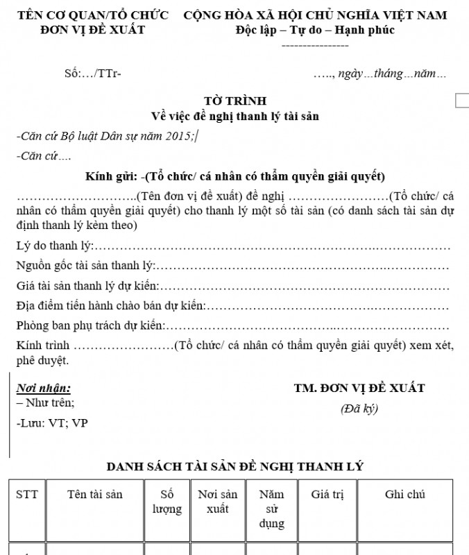 Mẫu tờ trình đề nghị thanh lý tài sản