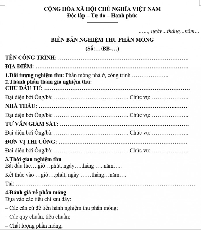 Mẫu biên bản nghiệm thu phần móng