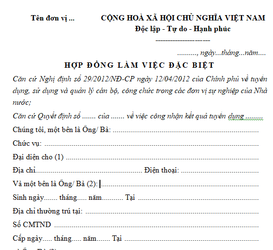 Mẫu hợp đồng làm việc đặc biệt