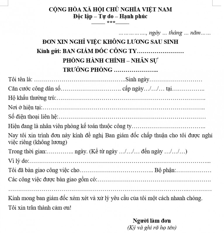 Mẫu đơn xin nghỉ việc không lương sau sinh