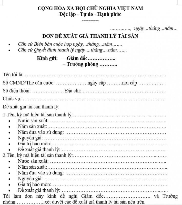 Mẫu đơn đề xuất giá thanh lý tài sản