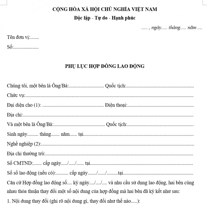 Mẫu phụ lục hợp đồng lao động