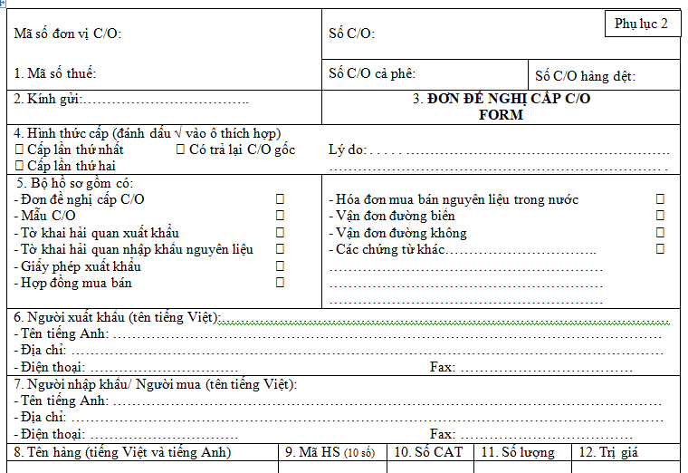 Mẫu đơn đề nghị cấp C/O mới nhất