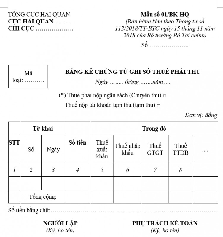 Bảng kê chứng từ ghi số thuế phải thu