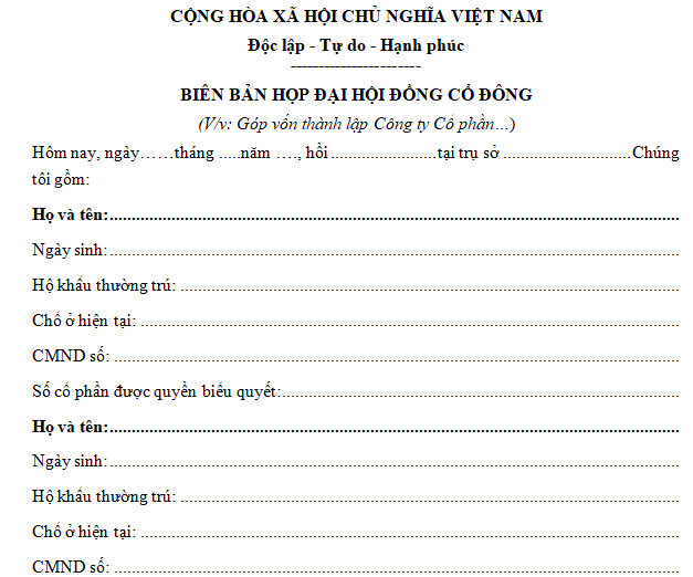 Biên bản góp vốn thành lập công ty cổ phần