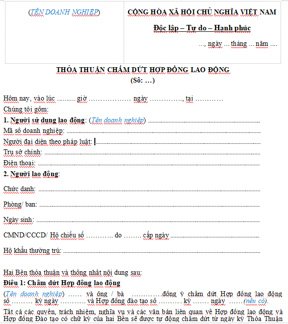Mẫu thỏa thuận chấm dứt hợp đồng lao động trong công ty