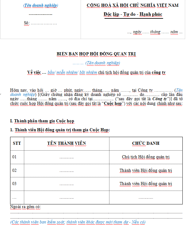 Biên bản họp hội đồng quản trị về việc bầu/ bãi nhiệm/ miễn nhiệm chủ tịch hội đồng quản trị