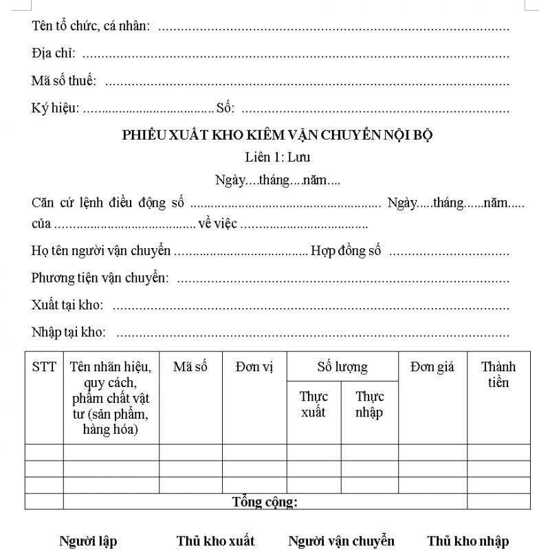Mẫu phiếu xuất kho kiêm vận chuyển nội bộ
