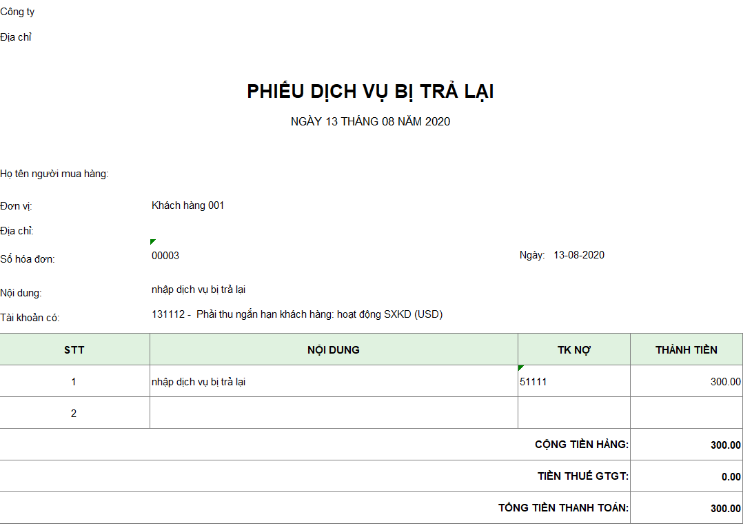 Mẫu phiếu dịch vụ bị trả lại ( Song ngữ )