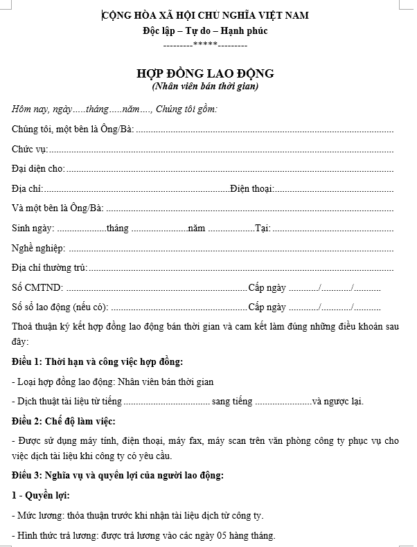 Mẫu hợp đồng lao động bán thời gian