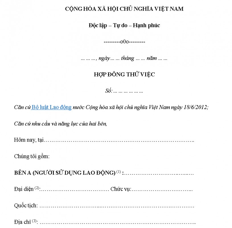 Mẫu Hợp đồng thử việc 2020