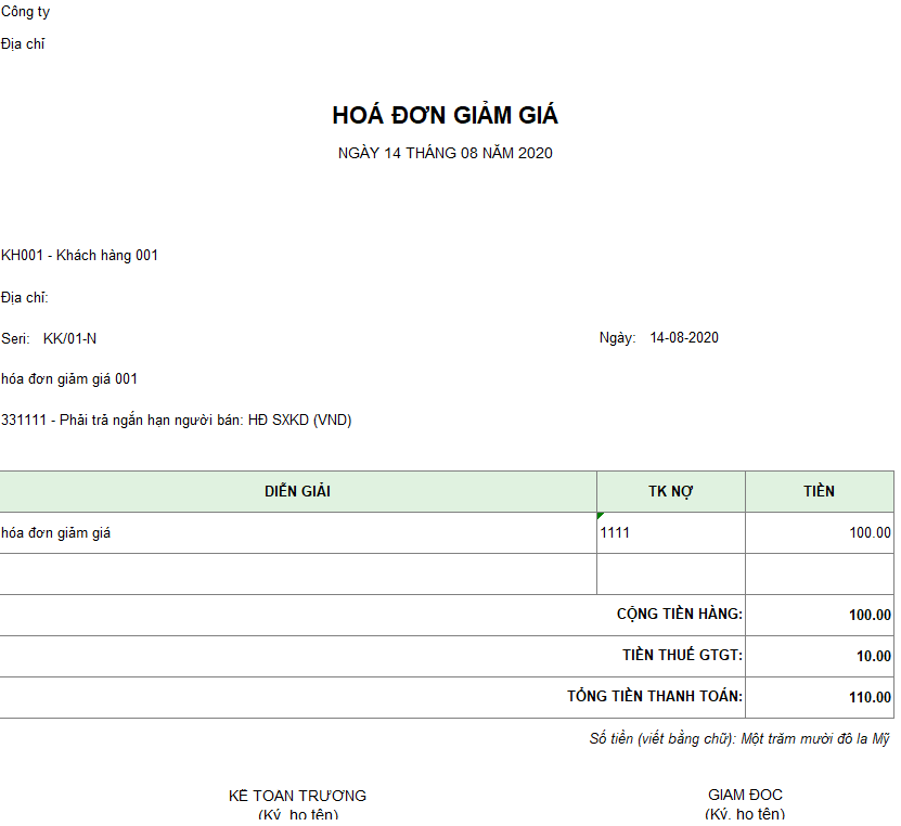 Mẫu hóa đơn giảm giá ( Ngoại tệ )