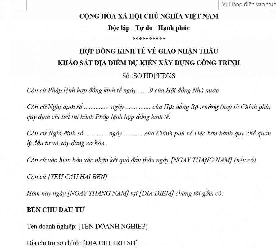 Mẫu hợp đồng khảo sát địa điểm dự kiến xây dựng công trình