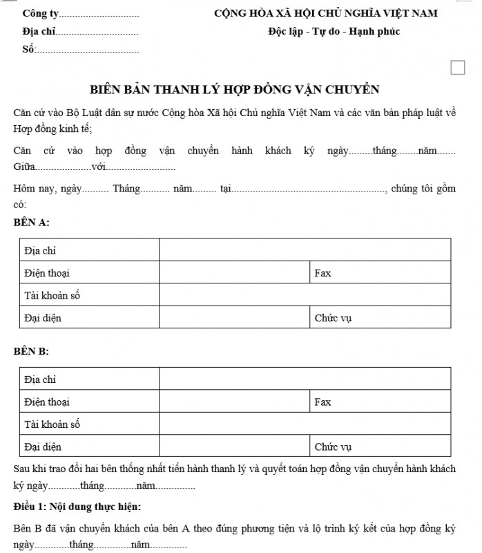 Mẫu Biên bản thanh lý hợp đồng vận chuyển