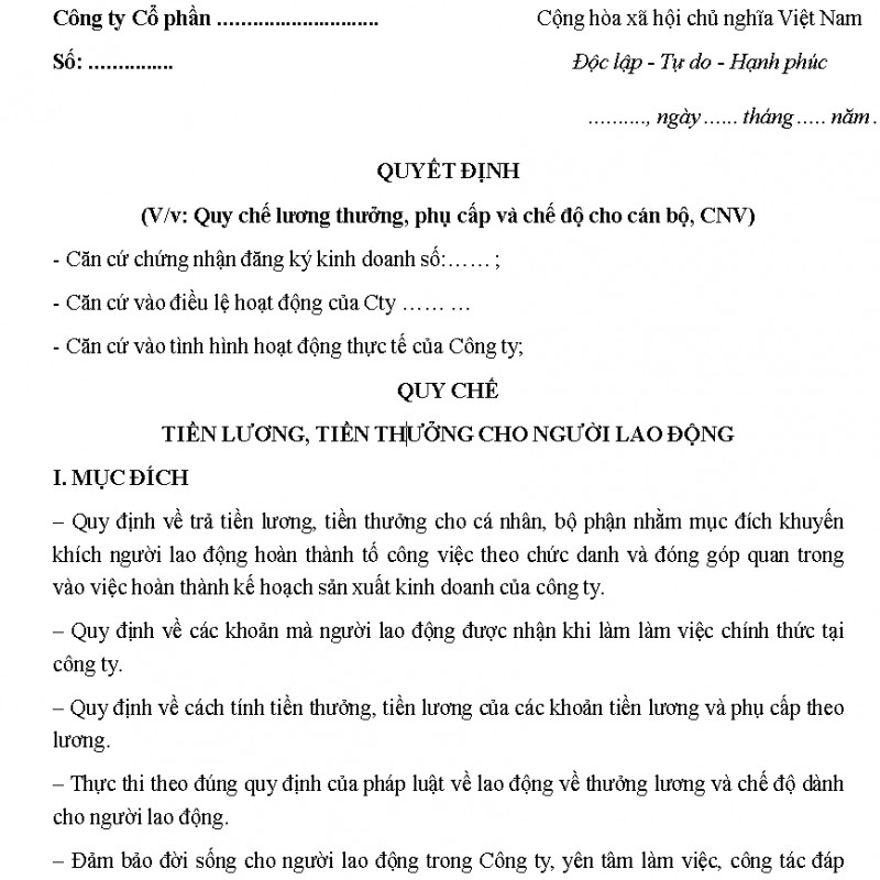 Mẫu quy chế tiền lương tiền thưởng, phụ cấp cho người lao động
