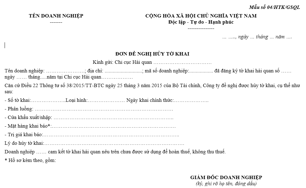 Mẫu đơn đề nghị hủy tờ khai