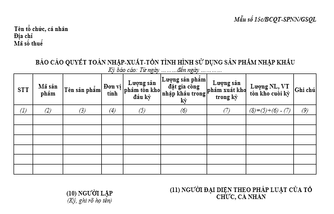 Mẫu báo cáo quyết  toán nhập-xuất-tồn tình hình sử dụng sản phẩm nhập khẩu