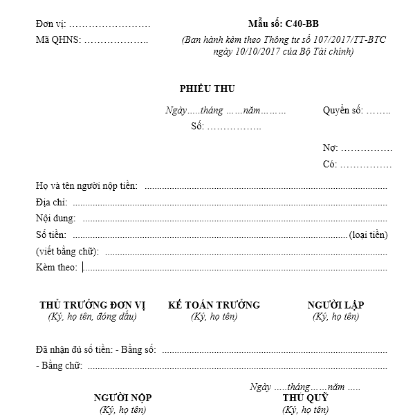 Mẫu phiếu thu ban hành kèm theo Thông tư số 107/2017/TT-BTC ngày 10/10/2017 của Bộ Tài chính