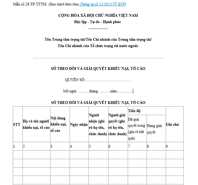 Mẫu sổ theo dõi giải quyết khiếu nại, tố cáo ban hành kèm theo Thông tư số 12/2012/TT-BTP.