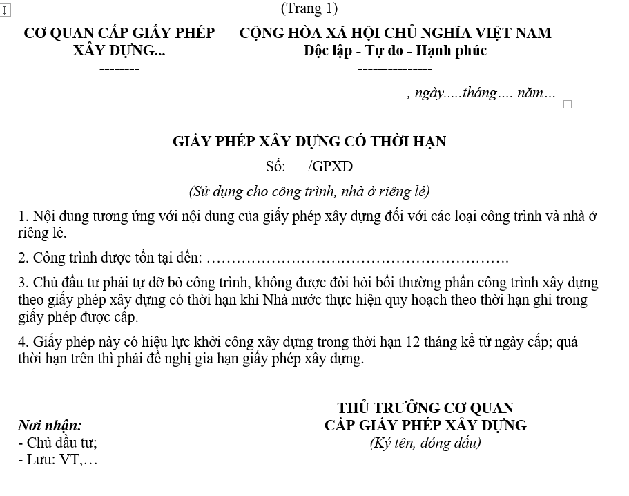Mẫu giấy phép xây dựng có thời hạn