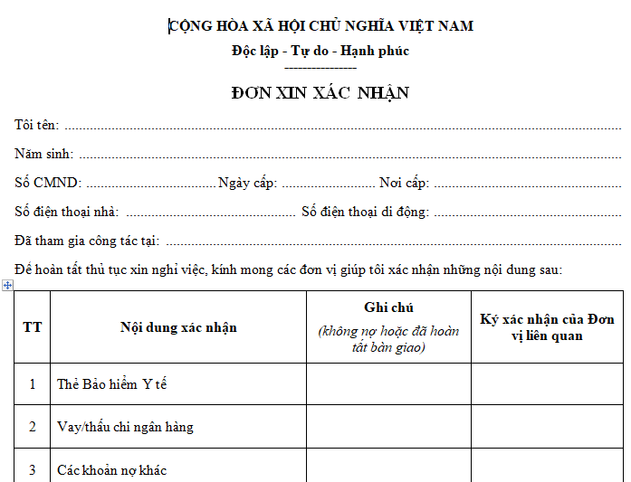 Mẫu đơn xin xác nhận trước khi thôi việc