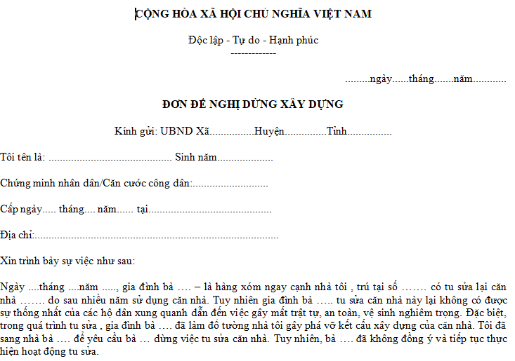 Mẫu đơn đề nghị dừng việc xây dựng