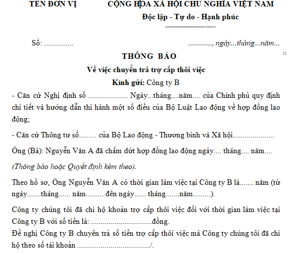 Mẫu thông báo chuyển trả trợ cấp thôi việc