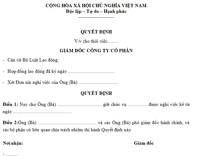 Mẫu quyết định buộc thôi việc