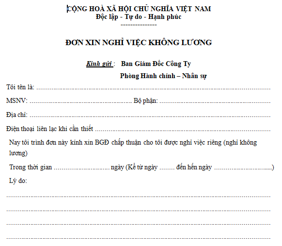 Mẫu đơn xin nghỉ việc không lương mới nhất 2021