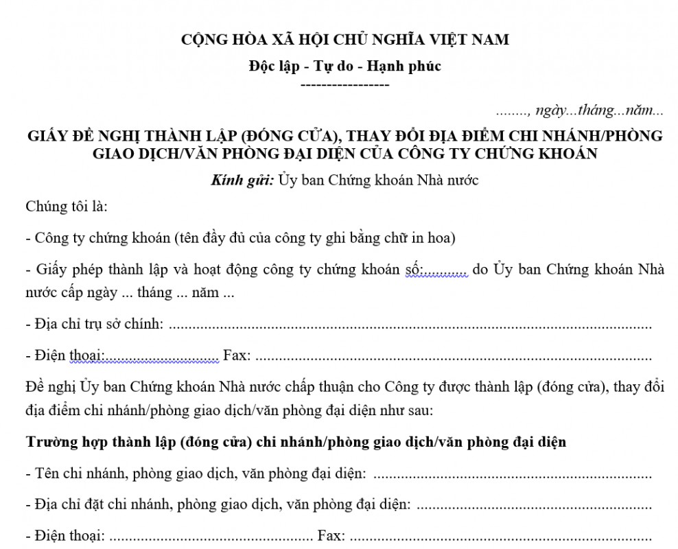 Mẫu giấy đề nghị đóng cửa chi nhánh công ty chứng khoán
