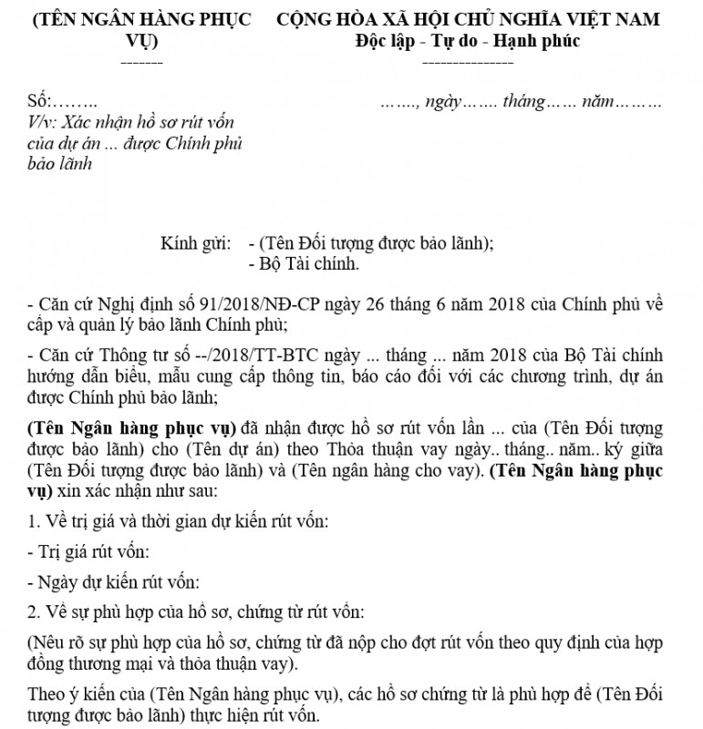 Mẫu văn bản xác nhận hồ sơ rút vốn của dự án
