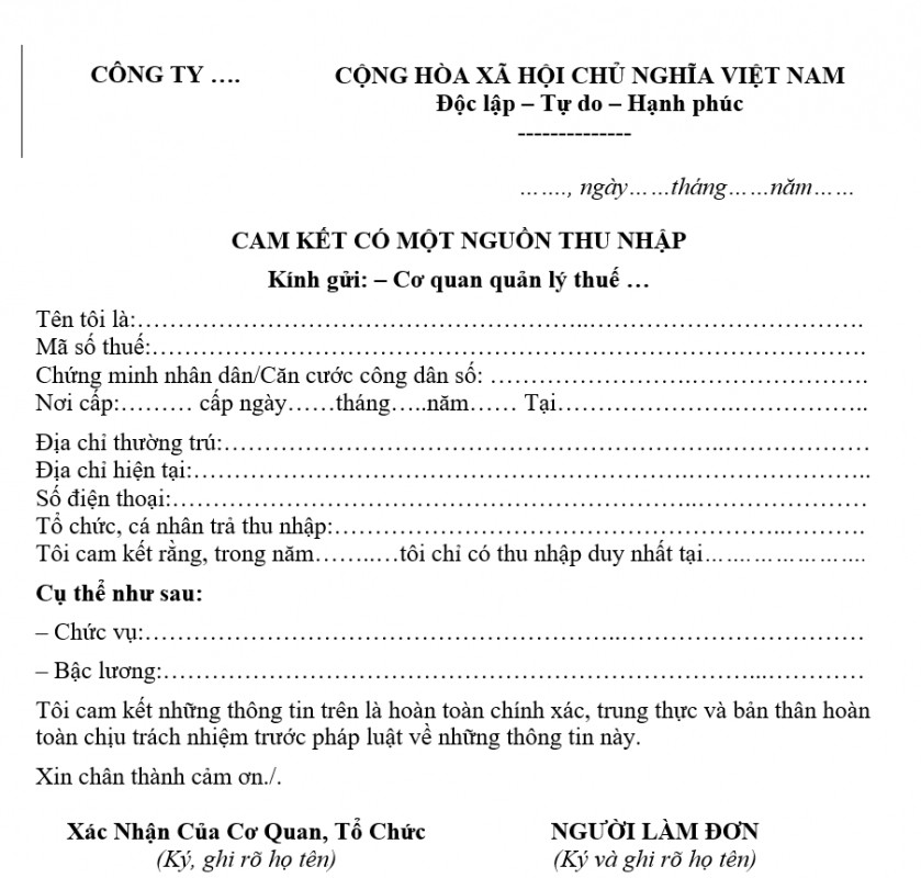 Mẫu cam kết có một nguồn thu nhập