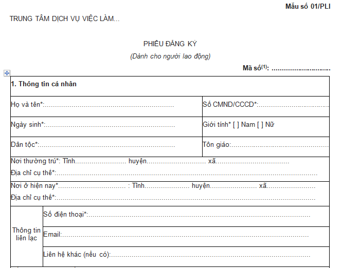 Mẫu 01/PLI: Phiếu đăng ký dành cho người lao động