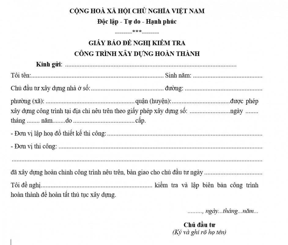 Giấy báo đề nghị kiểm tra công trình xây dựng hoàn thành