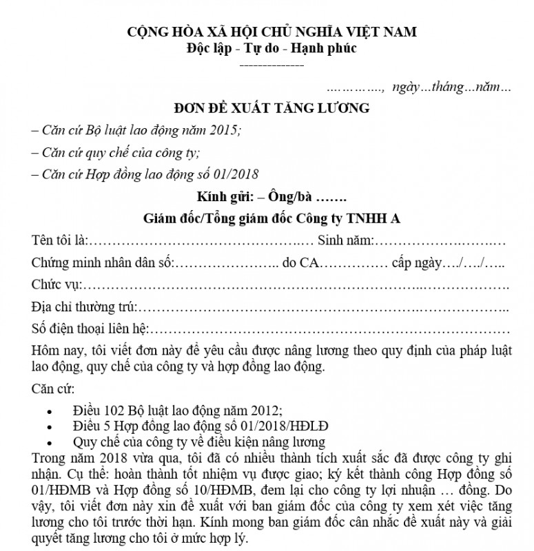 Mẫu đơn đề xuất tăng lương