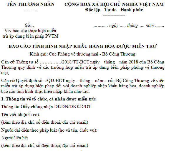 Mẫu báo cáo tình hình nhập khẩu hàng hóa được miễn trừ